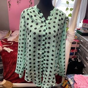 Worthington woman’s sheer mint green black polka dot top